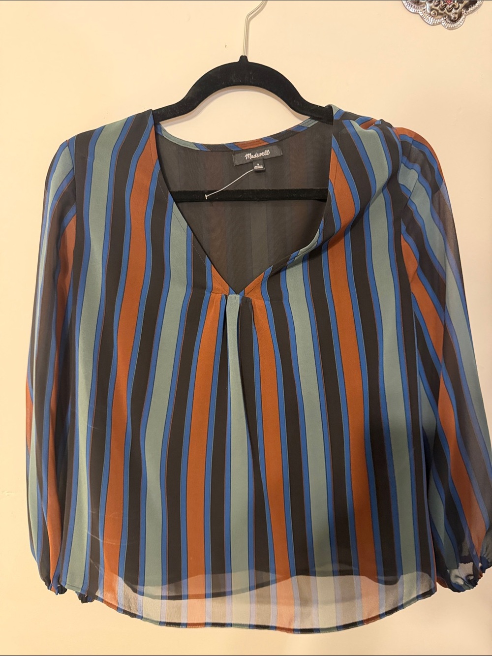 Madewell Striped V-Neck Blouse in Blue and Rust